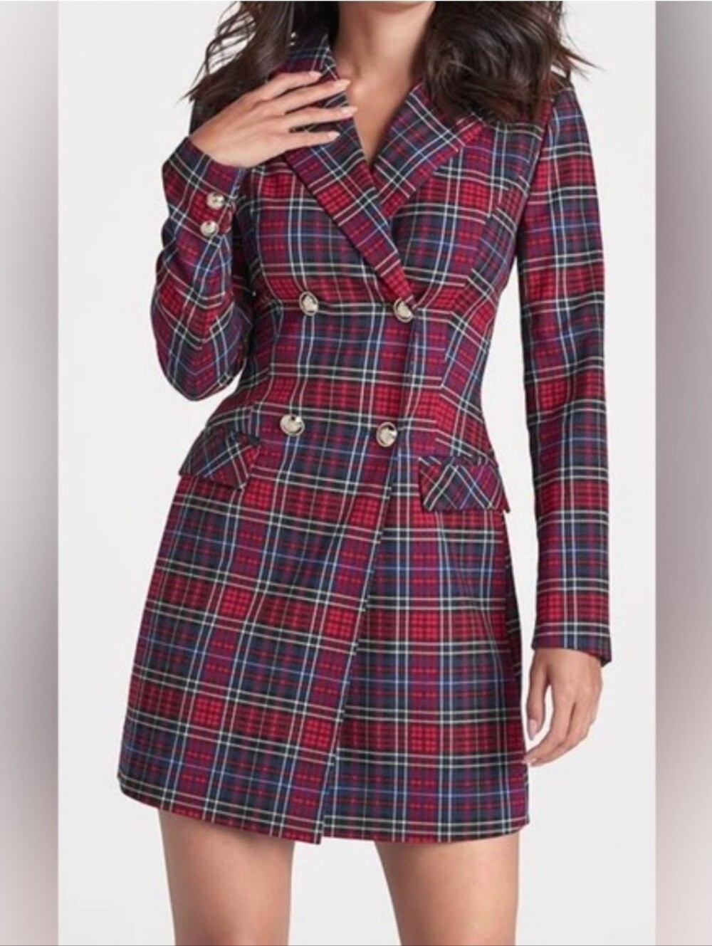 Plaid Double-Breasted Women's Blazer Dress in Red and Navy